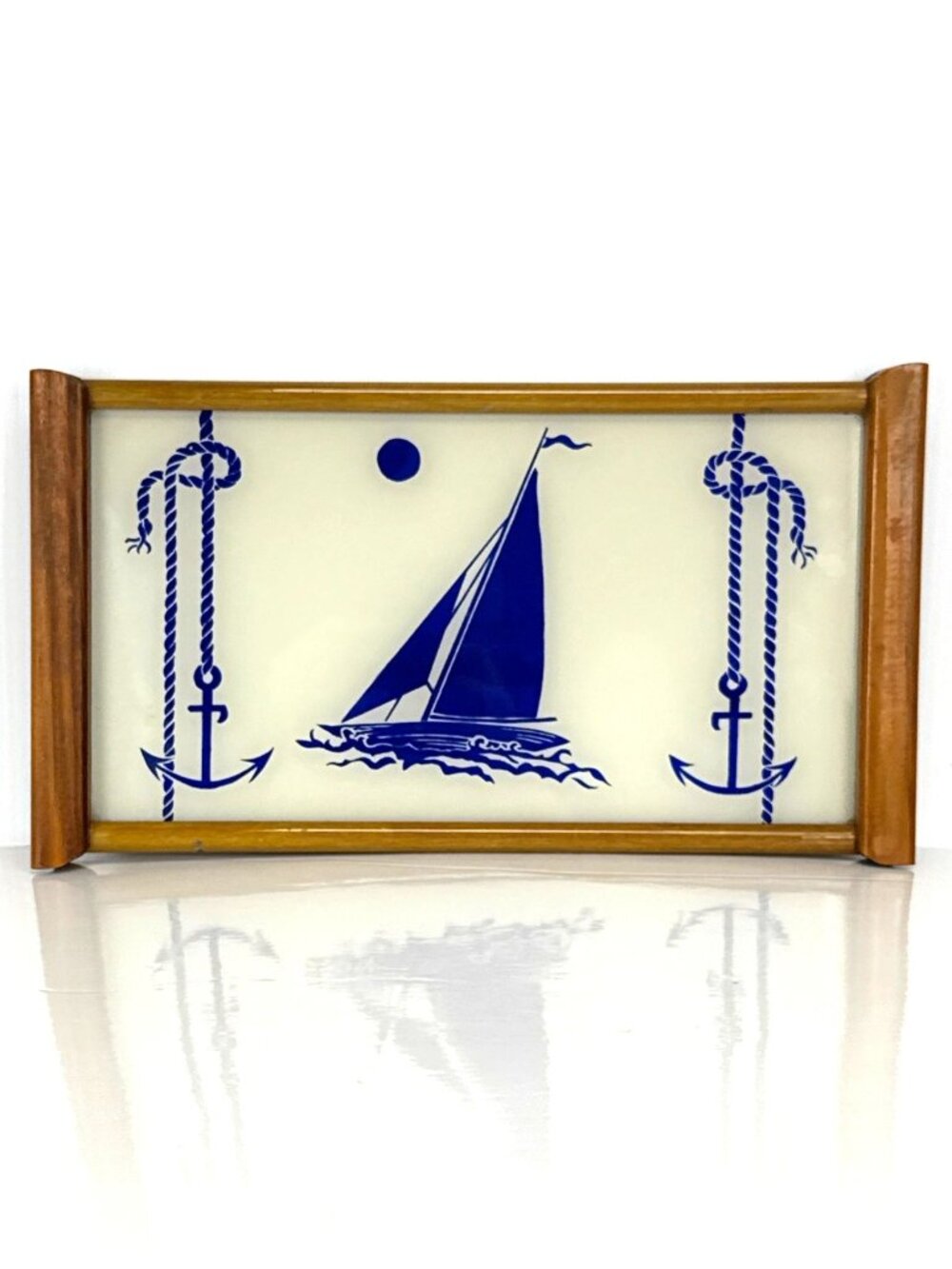 VINTAGE Art Deco Nautical 7”x13” Serving Tray Blue Schooner Sailboat Anchors